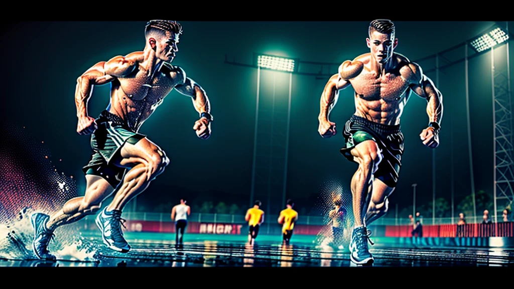 strong male athlete, Wear high-end sportswear，realistic picture, Run to the finish line.，Soaked all over，4K resolution. The field was filled with cheering crowds.,Detailed background，32k Ultra HD, best quality, Masterpiece, Awesome details, Highly detailed