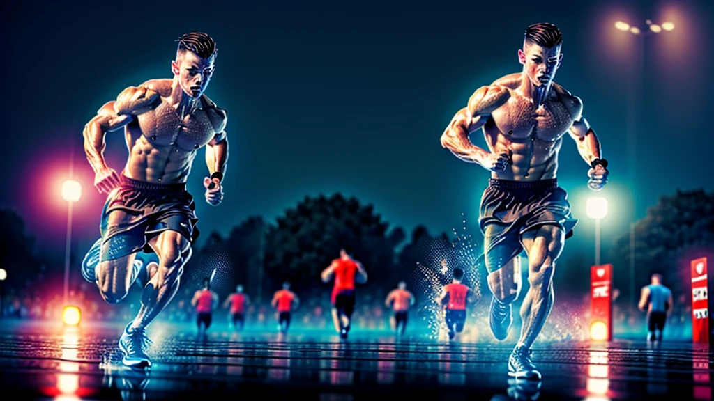 strong male athlete, Wear high-end sportswear,realistic picture, Run to the finish line.,Soaked all over,4K resolution. The field was filled with cheering crowds.,Detailed background,32k Ultra HD, best quality, Masterpiece, Awesome details, Highly detailed