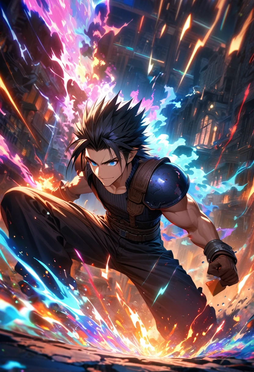 Symetrical,absurdres, highres, ultra detailed, HDR, masterpiece, extremely detailed face and eyes, zack,final fantasy 7, black hair , , solo, man, handsome, ,, , Epic fight scene, colorful lightning effect, glowing glitters, colorful splashing effect, colorful flames, 