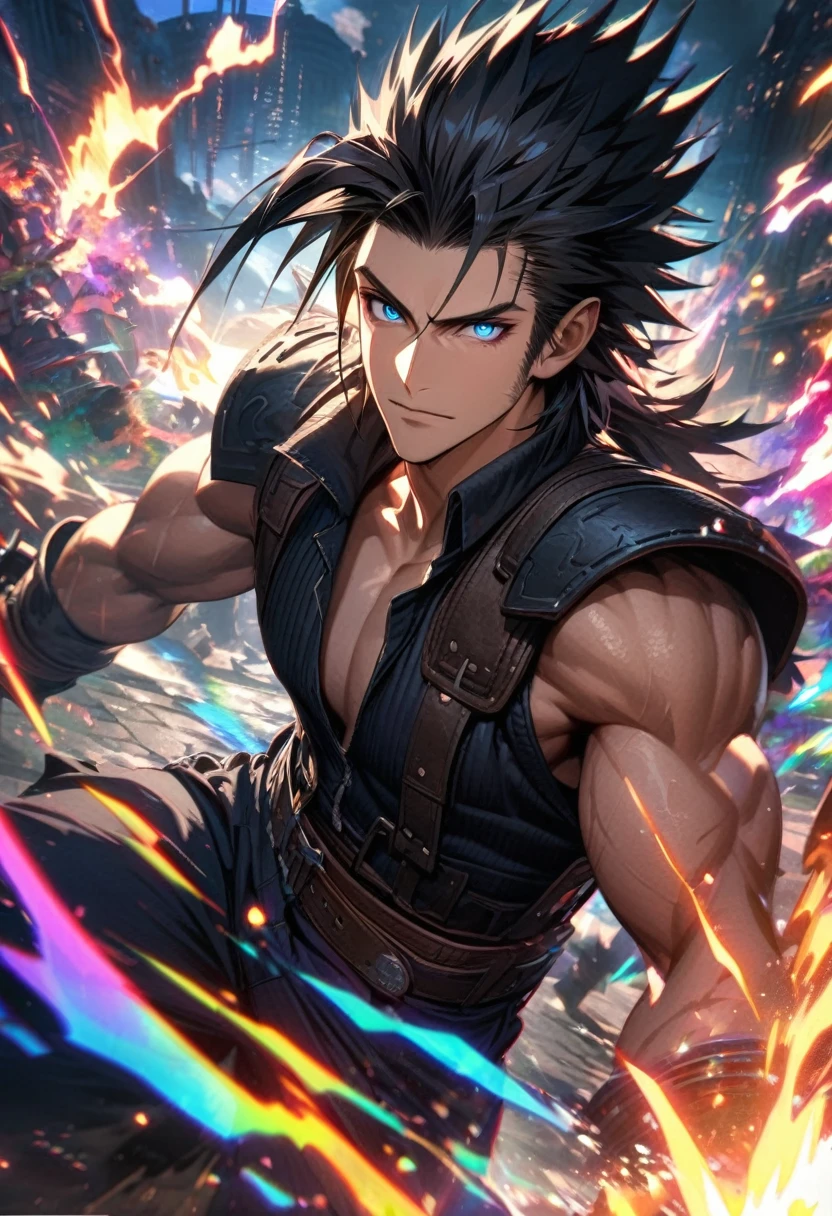 Symetrical,absurdres, highres, ultra detailed, HDR, masterpiece, extremely detailed face and eyes, zack,final fantasy 7, black hair , , solo, man, handsome, ,, , Epic fight scene, colorful lightning effect, glowing glitters, colorful splashing effect, colorful flames,