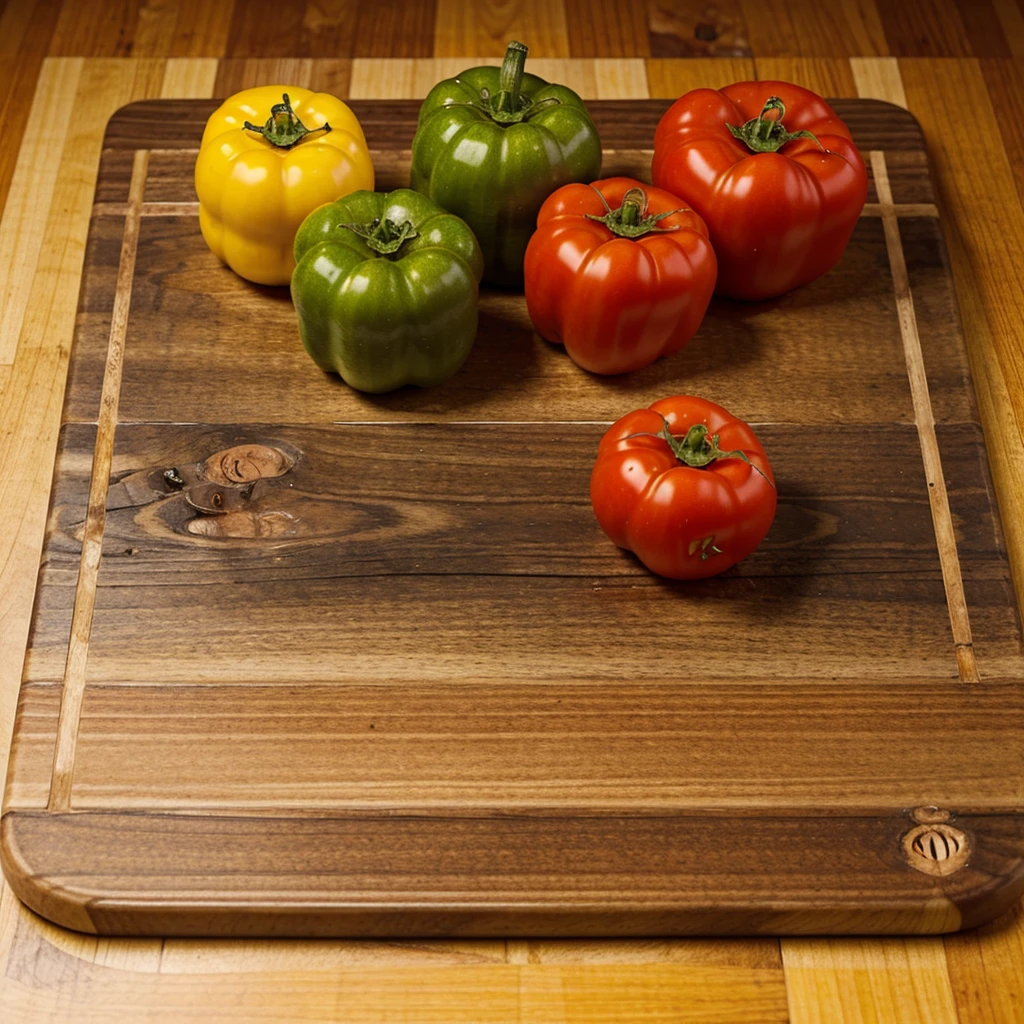 A picture of a tomato, Okra and Chili pepper on a cutting board