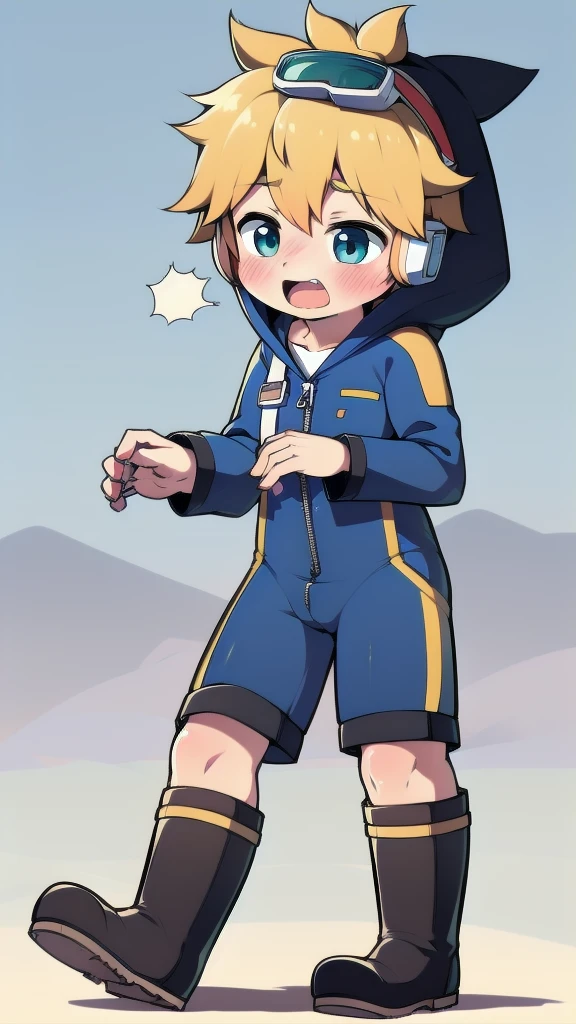 2D Boy Shota,One-piece mountaineering suit,Slim, healthy body,Put the headphones on your head,stand up,goggles,happy,Sailor collar,tie,Zipper pulled down,boots,hood,moan,blush