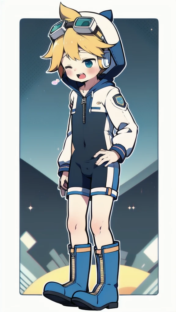 Two-dimensional boy，One-piece mountaineering suit，horn，cow ears，Put the headphones on your head，stand up，goggles，sports shoes，Slim，Smile，Sailor collar，Knee socks，Short sleeve，Leg ring