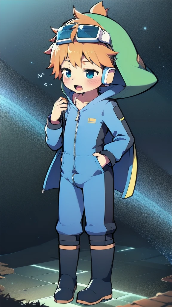 2D Boy Shota,One-piece mountaineering suit,Slim, healthy body,Put the headphones on your head,stand up,goggles,happy,Sailor collar,tie,Zipper pulled down,boots,hood,moan