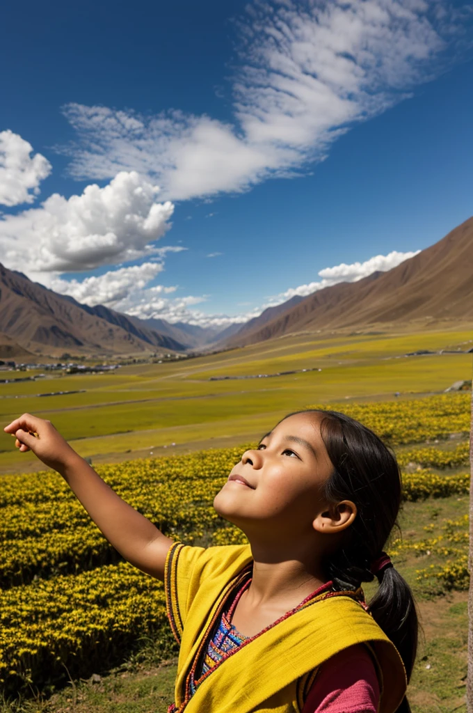 an inca girl looking up to the sky in a field