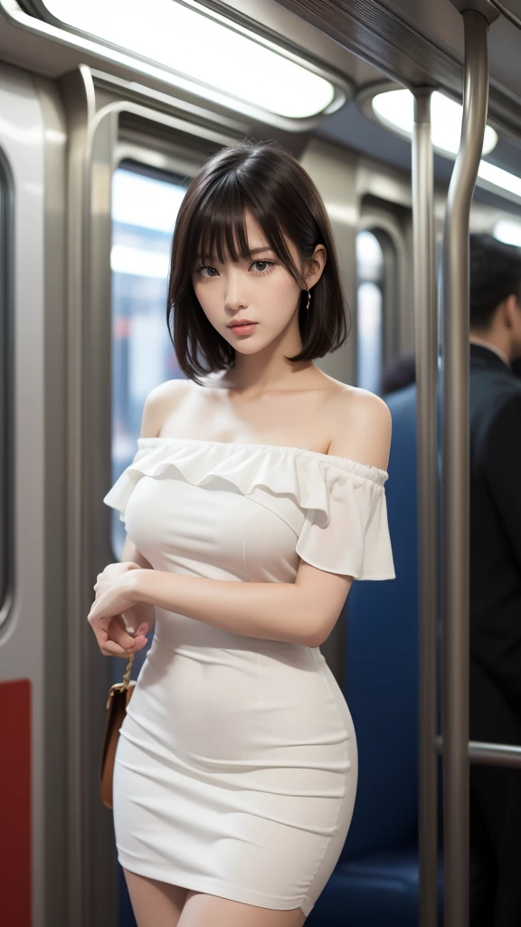 (8K, RAW Photos、Highest quality、masterpiece:1.2), masterpiece, Highest quality, High resolution, Very detailed, Detailed Background, 1 Girl, Looking at the audience, Stand on the subway, Inside the train, short hair、Big Breasts、Strike a Pose, White off-the-shoulder dress, skirt, transparent, Happy, (vapor),((Sweat))、seducer、Invite to lewd acts、(night:1.6)