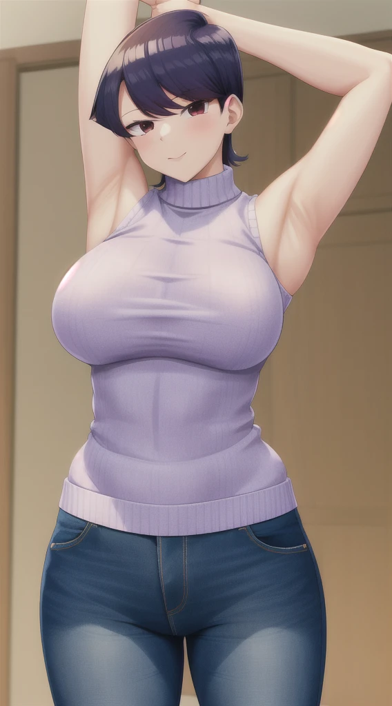 pixel-Komi-Shuuko, 1girl, solo, knitted sweater, tight jeans , masterpiece, best quality , sleeveless, arms up, armpits visible