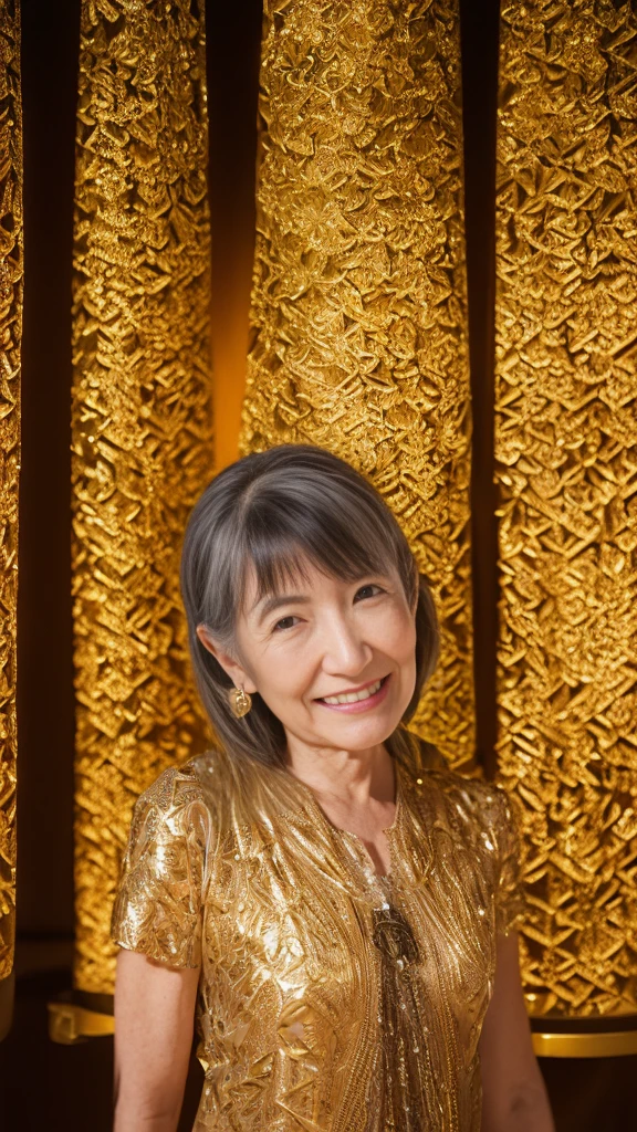 In front of the gold screen, Auntie, Attention, ((Fractal Art)), (((masterpiece))), 8K, Clear images, (((alone))), (((Older Japanese Mature))), (((Hands behind back)))), Gray Hair, please lower your arms, Wear a flashy bra, gravure, look forward to, ((Mature woman with an old face)),
