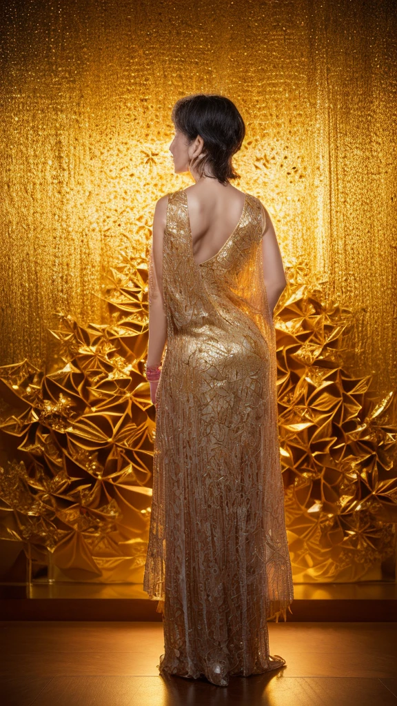 In front of the gold screen, Auntie, Attention, ((Fractal Art)), (((masterpiece))), 8K, Clear images, (((alone))), (((Older Japanese Mature))), (((Hands behind back)))), Gray Hair, please lower your arms, Wear a flashy bra, gravure, look forward to, ((Mature woman with an old face)),