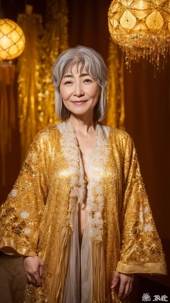 In front of the gold screen, aunt, Attention, ((Fractal Art)), (((masterpiece))), 8K, Clear images, (((alone))), (((Older Japanese Mature))), Pure white background, Gray Hair, please lower your arms, Wear a flashy bra, gravure, look forward to, ((Mature woman with an old face)),