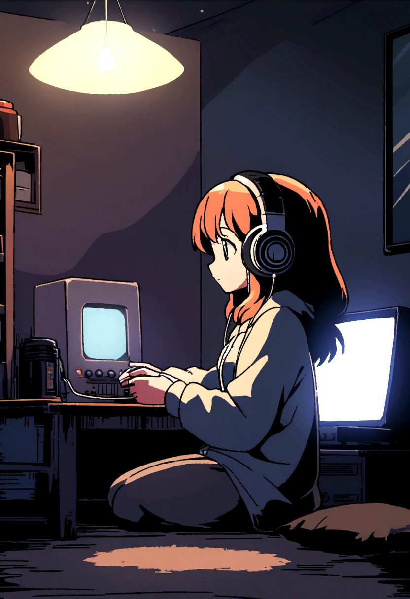 Girl listening to music in a cozy room at night, Using headphones, 2D style anime, Lo-fi, HD, Dark environment