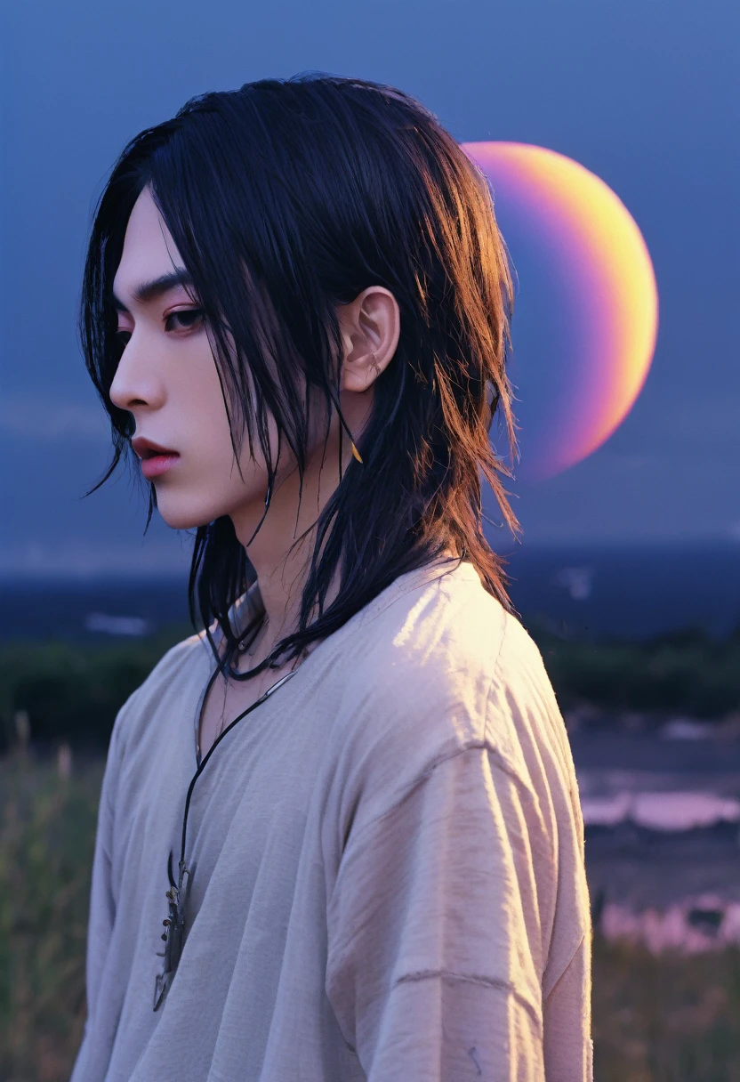 An ethereal sultryseductivedemonic 20 year old anime male druid with metallic long hair and tattoos, delicate masterpiece intimate glowing neon tattoos, anime druid demon male hellscape at night, manga inspired by Masashi Wakui, rainbow color palette, atmospheric fog, decay, worn textures, rain-soaked fantasy village, manga-style illustration --s 150 --ar 1:2 --c 5 Removed From Image