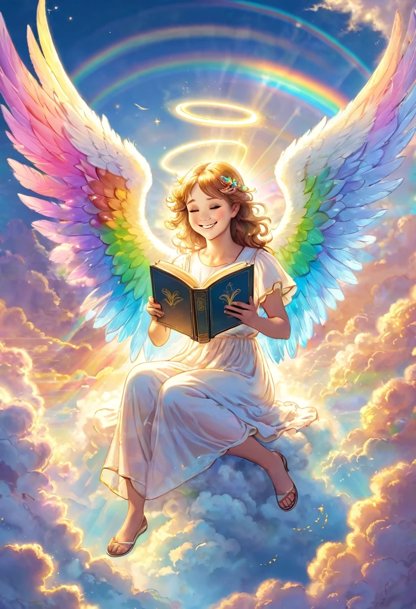 An angel has rainbow pastel colored wings smiling and reading an ancient book glowing golden in rainbow light, heavenly library, above the clouds, rainbow light
