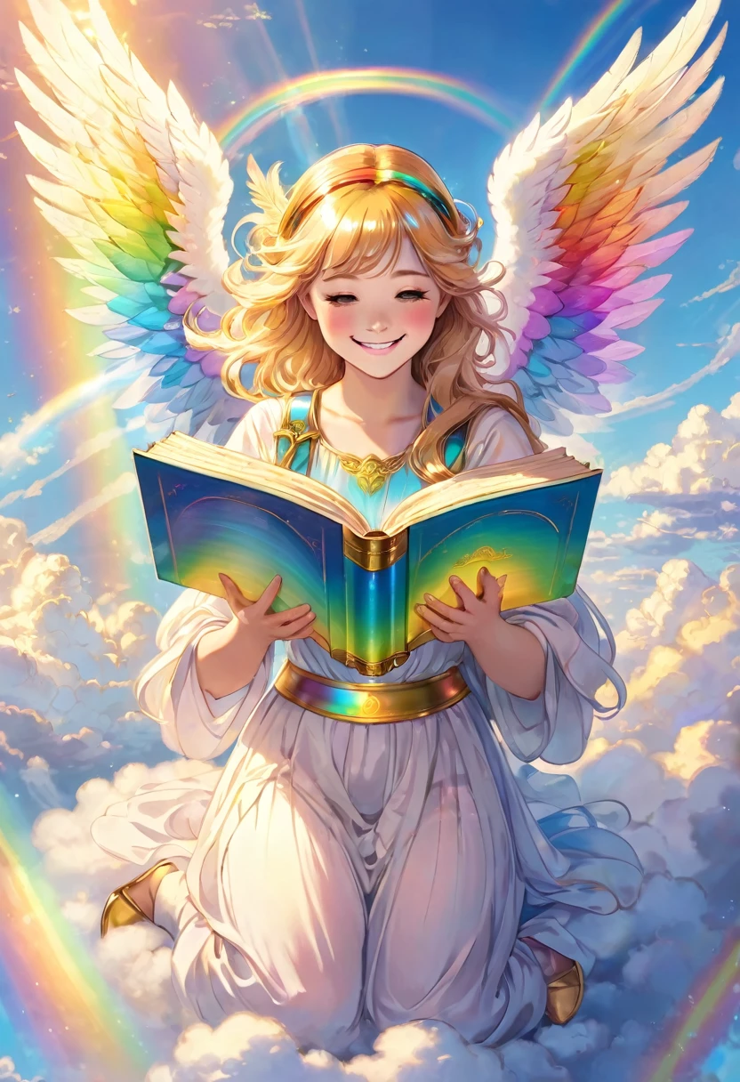 An angel has rainbow pastel colored wings smiling and reading an ancient book glowing golden in rainbow light, heavenly library, above the clouds, rainbow light