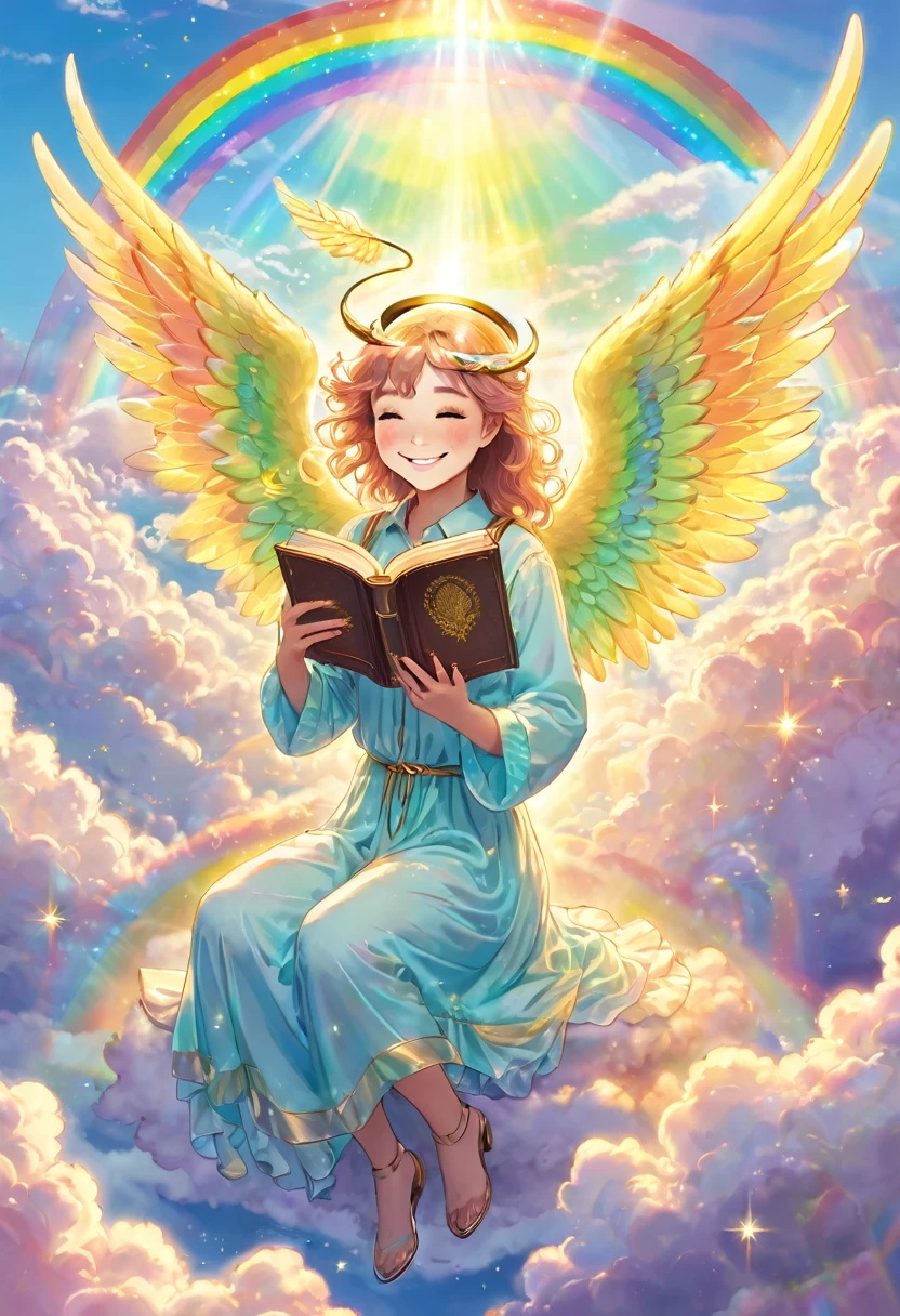 An angel has rainbow pastel colored wings smiling and reading an ancient book glowing golden in rainbow light, heavenly library, above the clouds, rainbow light