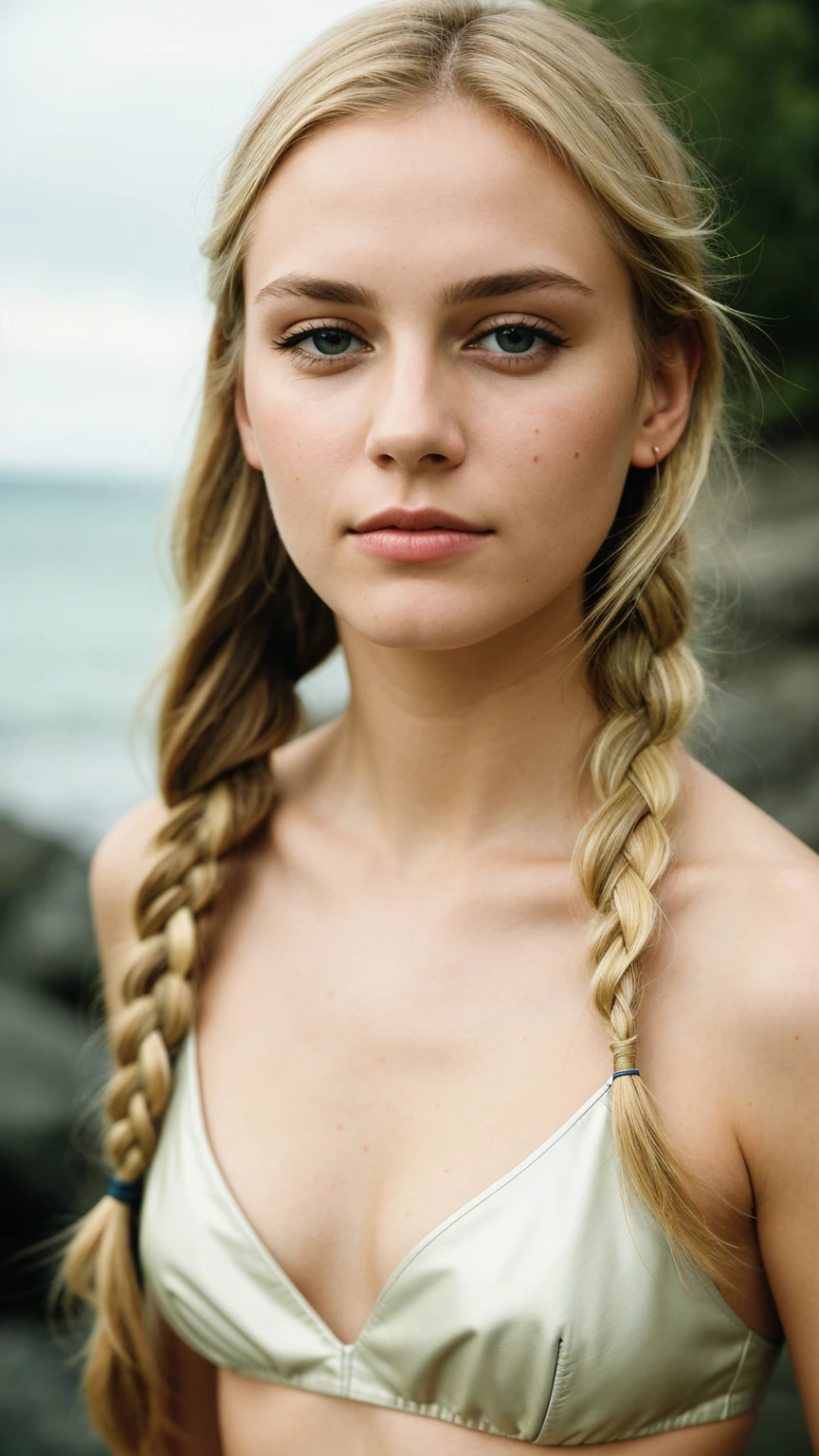 Photograph of a woman, (ambivalent facial expression), face looking at camera, full face, portrait, faces are visible more, and the eyes look straight, textured leather, goosebumps, ash blonde mermaid with braid, Perfect eyes, (ektachrome), Velvia 100 color, shot with Leica T, hips, sharp focus on the subject, shot by Peter Lindbergh