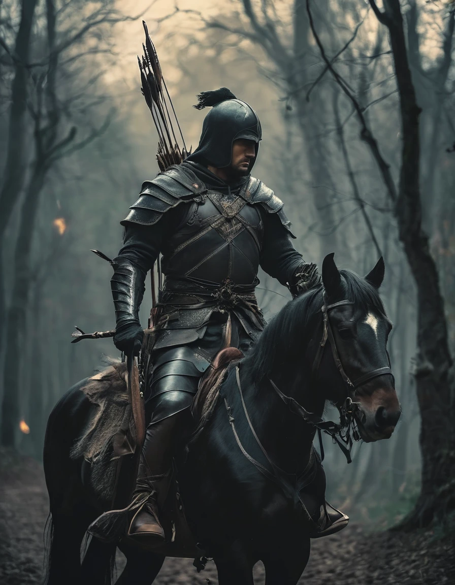 A warrior holds a long bow and an arrow in his hand, riding on horseback, dark tones, medieval darkness