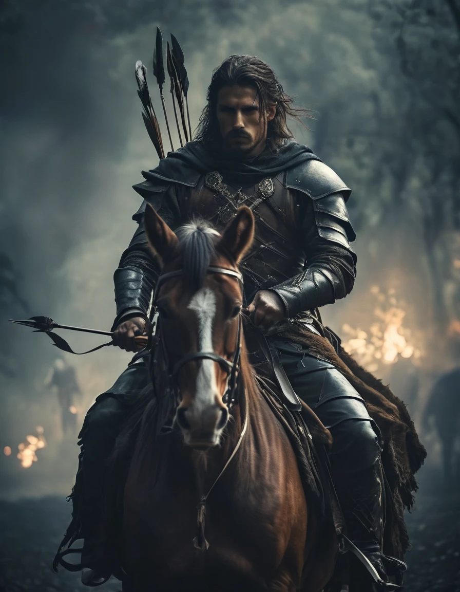 A warrior holds a long bow and an arrow in his hand, riding on horseback, dark tones, medieval darkness