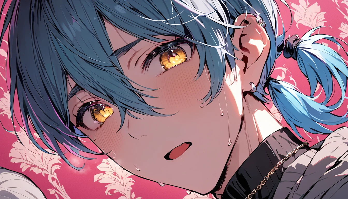 ((((best masterpiece, best quality, wallpaper,)))) solo, guy, male body, small muscles, flat chest, 1male, 30 years old, handsome man, dramatic angle, upper body, looking at viewers, beautiful detailed, mediumturquoise hair, ((((Lower short ponytail)))), asymmetrical bangs, ((short hair,)) blush stickers, sweat, (((perfect face, extremely detailed eyes,))) ((( jitome, gold eyes, ^o^, tareme, droopy eyes,))) perfect hands, sharp nose, clear face, black turtleneck, grey cardigan, ((silver piercing, pendant,)) leggings, pink background color ultrasharp, 8K, masterpiece,