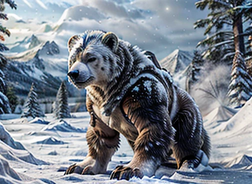  A humanoid polar bear is hunting its food . In the scenario there are immense frozen mountains. The soil and frozen environment, snow covered, icy storm , urso polar pelugem branco  🐻‍❄️ 🤍