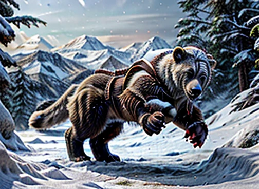  A humanoid polar bear is hunting its food . In the scenario there are immense frozen mountains. The soil and frozen environment, snow covered, icy storm , urso polar pelugem branco  🐻‍❄️ 🤍