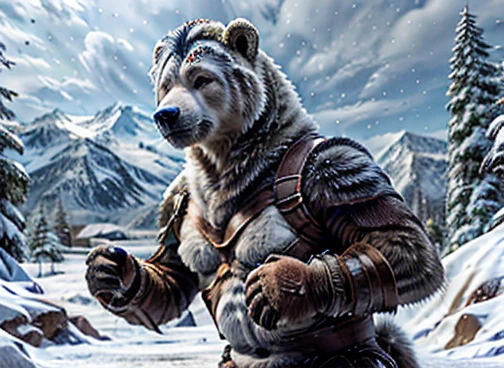  A humanoid polar bear is hunting its food . In the scenario there are immense frozen mountains. The soil and frozen environment, snow covered, icy storm , urso polar pelugem branco  🐻‍❄️ 🤍