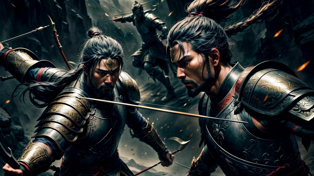 high detailed art, 3 ancient chinese warriors, archers, full body portrait, shooting arrows, intense action, epic scene, dramatic lighting, cinematic composition, detailed armor, detailed facial features, detailed weapons, rich colors, chiaroscuro, dramatic atmosphere, highly detailed, intricate details, masterpiece, photorealistic, 8k, ultra-detailed, award winning digital art