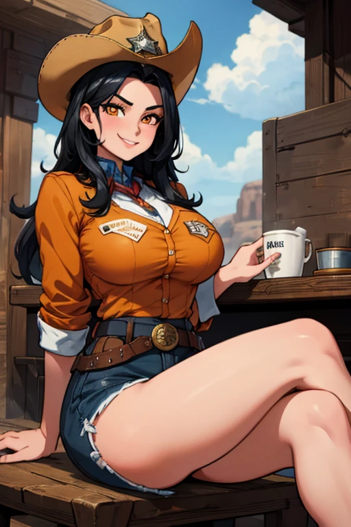 perfect face, perfect hands. A black haired female cowgirl with orange eyes in a conservative cowgirl outfit is sitting on the desk in the sheriff's office in a wild west town with a big smile