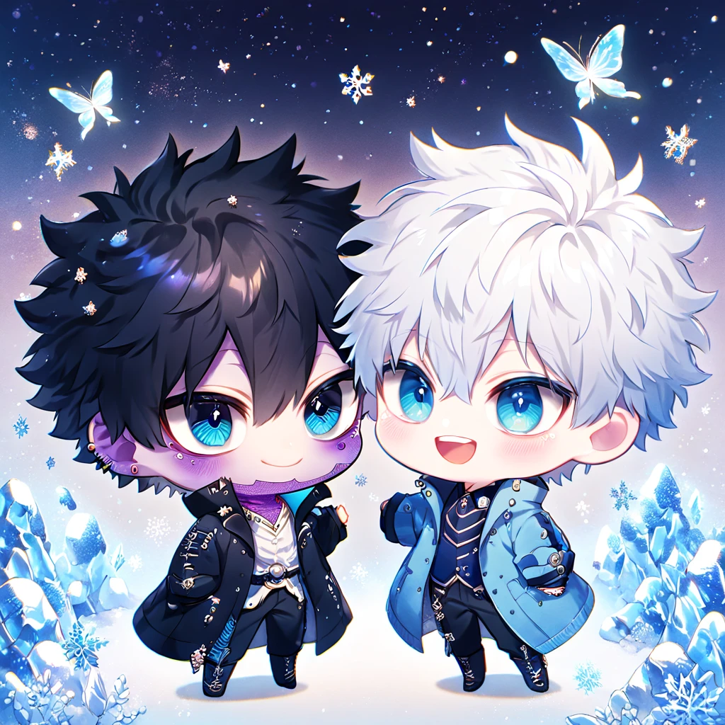 absurdres, highres, ultra detailed, HDR, master piece, best quality, extremely detailed face, delicated features, Dabi chibi, black hair, expressive turquoise eyes, Boku No Hero Academia, Gojou Satoru chibi, white hair, expressive blue eyes, white eyelashes, two boys together, yaoi, gay couple, cute, smiling, blue jacket with fur, black coat, fantasy, magical, ice, blue fire, ice butterflies, snowflakes, starry night
