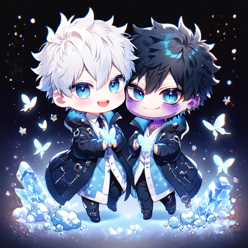 absurdres, highres, ultra detailed, HDR, master piece, best quality, extremely detailed face, delicated features, Dabi chibi, black hair, expressive turquoise eyes, Boku No Hero Academia, Gojou Satoru chibi, white hair, expressive blue eyes, white eyelashes, two boys together, yaoi, gay couple, cute, smiling, blue jacket with fur, black coat, fantasy, magical, ice, blue fire, ice butterflies, snowflakes, starry night