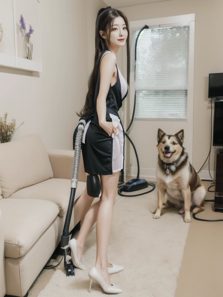 Woman using a vacuum cleaner in the living room with a dog, anime maids riding early tanks, true realistic image, realistic!!, [ realistic photo ]!!, ultra realistic picture, ultra realistic masterpiece, funny art, maid, A true masterpiece, realistic!, gorgeous maid, [ 4K photo realism ]!!, realistic manga, beast