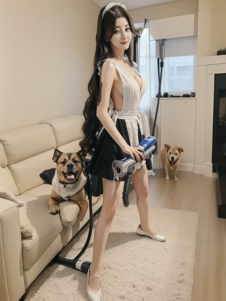 Woman using a vacuum cleaner in the living room with a dog, anime maids riding early tanks, true realistic image, realistic!!, [ realistic photo ]!!, ultra realistic picture, ultra realistic masterpiece, funny art, maid, A true masterpiece, realistic!, gorgeous maid, [ 4K photo realism ]!!, realistic manga, beast