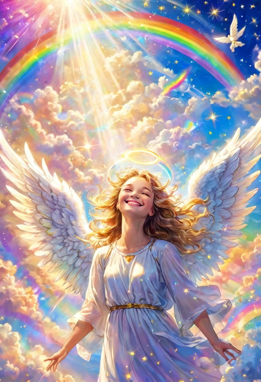 Close-up of an angel remembering joyful memories, miracles, smiling, love, healing, clouds, heaven, shooting stars, big rainbow colored light