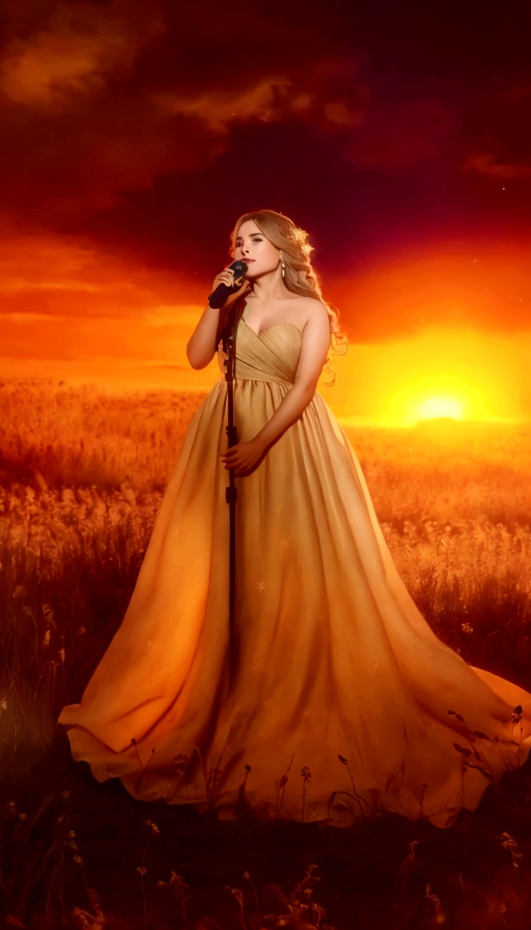 a pretty woman in a long dress singing into a microphone in a field, foreground background, performing, flowing gown, wearing a dress made of stars, bathed in golden light, sunset