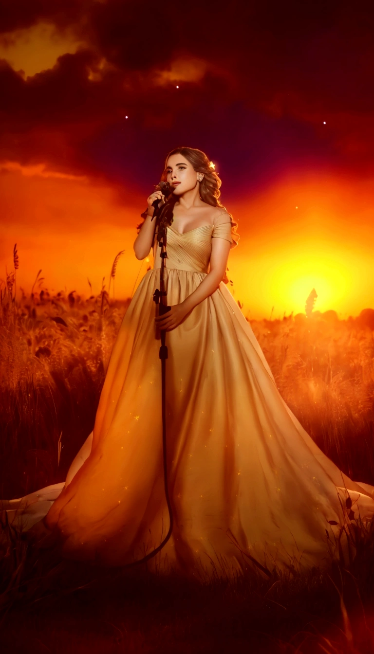 a pretty woman in a long dress singing into a microphone in a field, foreground background, performing, flowing gown, wearing a dress made of stars, bathed in golden light, sunset