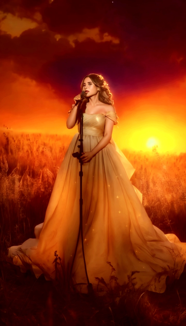 a pretty woman in a long dress singing into a microphone in a field, foreground background, performing, flowing gown, wearing a dress made of stars, bathed in golden light, sunset