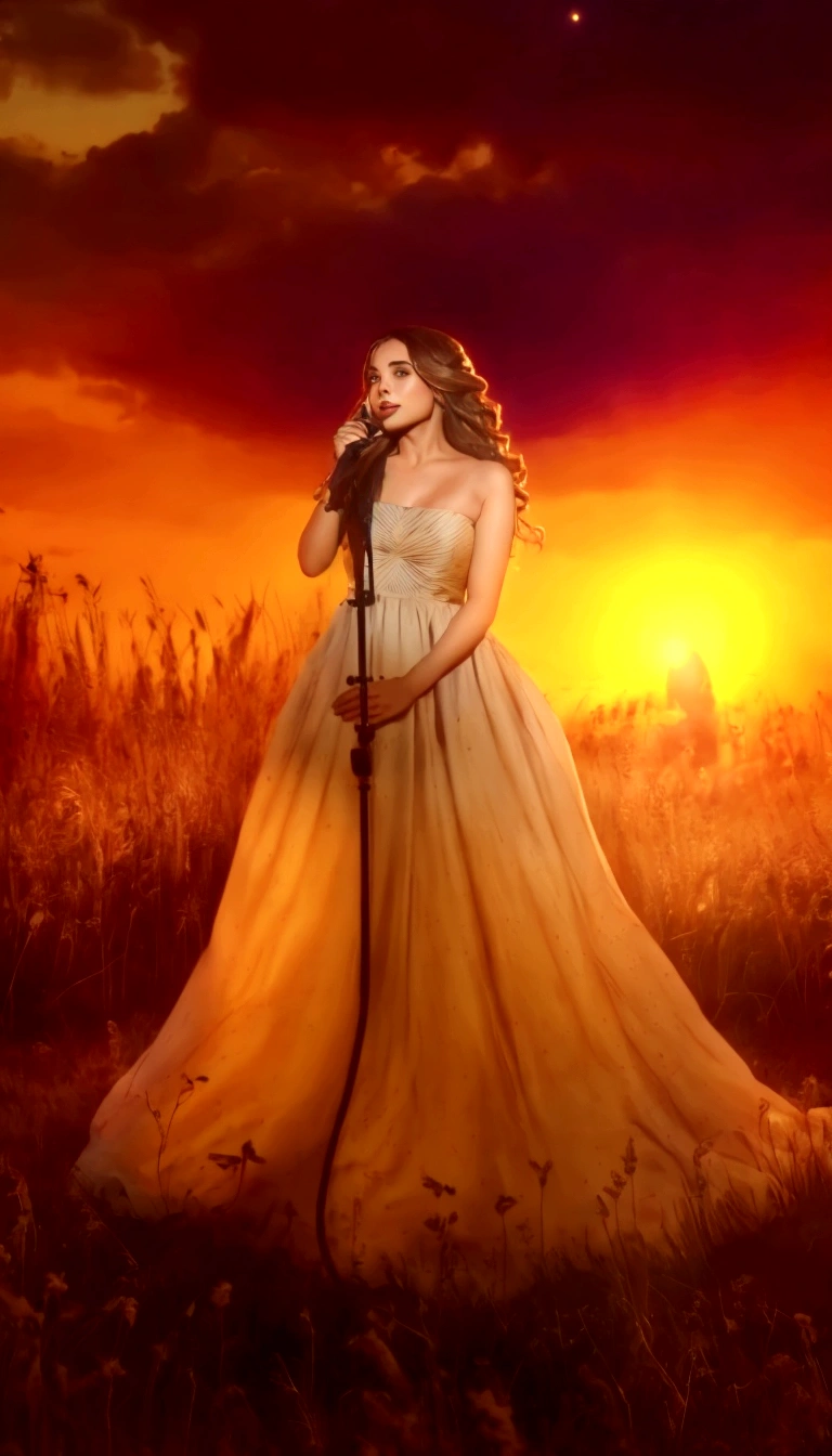 a pretty woman in a long dress singing into a microphone in a field, foreground background, performing, flowing gown, wearing a dress made of stars, bathed in golden light, sunset