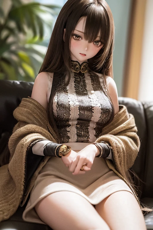 photorealistic, realistic photo, ((highest quality)), ((masterpiece)), detailed, kukolnydom, doll, (mature woman, 22yo, 22 years old:1.6), solo, ((cowboy shot, sitting on sofa, reclining on sofa, skinny, slender, slim, parted lips)), green eyes, brown hair, (looking down, blank eyes, empty eyes, detailed eyes:1.3), dress, museum, 8k