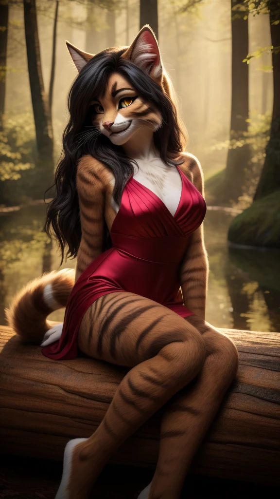 Sexy Posing, Female, 30 years old, cute, eyeliner, long black hair, biting lip smile, red dress, bedroom eyes, anthro, cat ears, (brown fur:1.5),tabby cat, forest background, 8k, hi res, (best quality, masterpiece), amber eyes, lying on log, cat tail