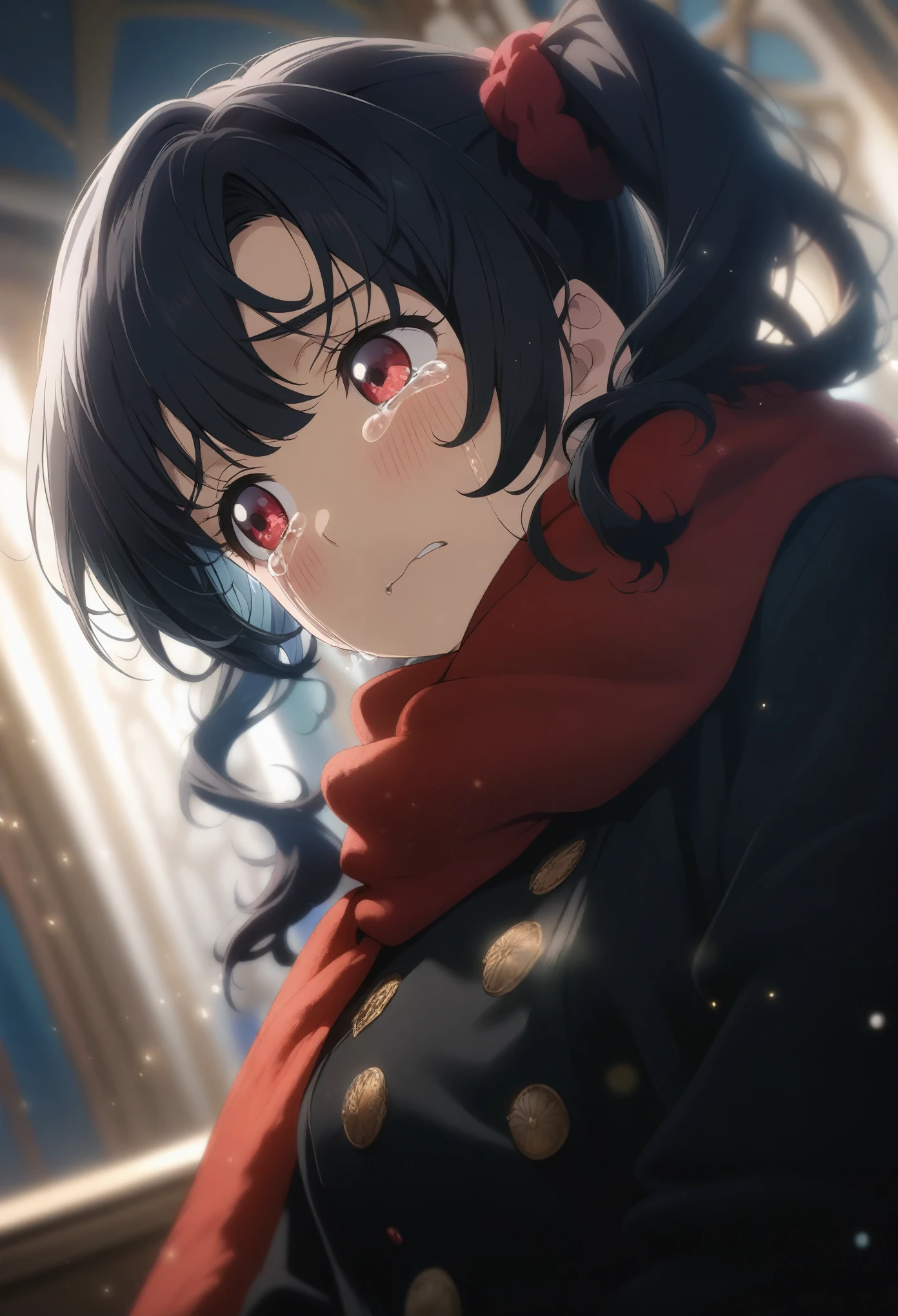 1girl yoshioka yoshiko, official art, sitting, crying, tears streaming, black coat, red scarf, black hair, side_ponytail, red eyes, (very aesthetic, best quality, ultra detailed), intricate details, highres, indoors, light particles, close-up, blurry background,, low angle, cinematic angle, cowboy shot, emotional, delicate features
