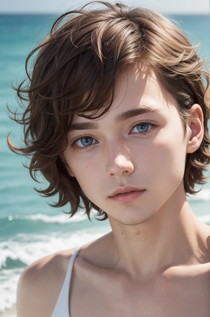 Ocean in the eyes of a white man with short, light brown hair with subtle curls
