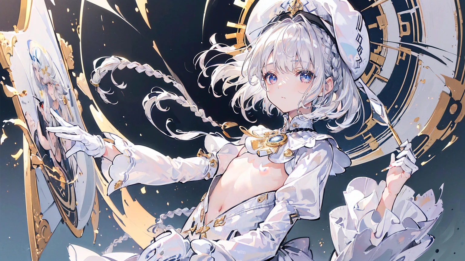 (Super detailed)),((illustration))，((masterpiece)),(((need))),((fine、Highest quality CG Unity 8K wallpapers，masterpiece），（（4K，masterpiece，best quality）），Girl with short silver hair，hair strand，expressive hair，Braids，Gold and silver heterochromatic eyes，flat chest，Silver sun hat，White gloves，Black beret，Painter&#39;s clothing，Monocle，Put some paint on your face，The walls are covered with my own paintings，Holding the mirror with your hand，Show yourself in the mirror，Dying，Overworked，individual，Full body picture