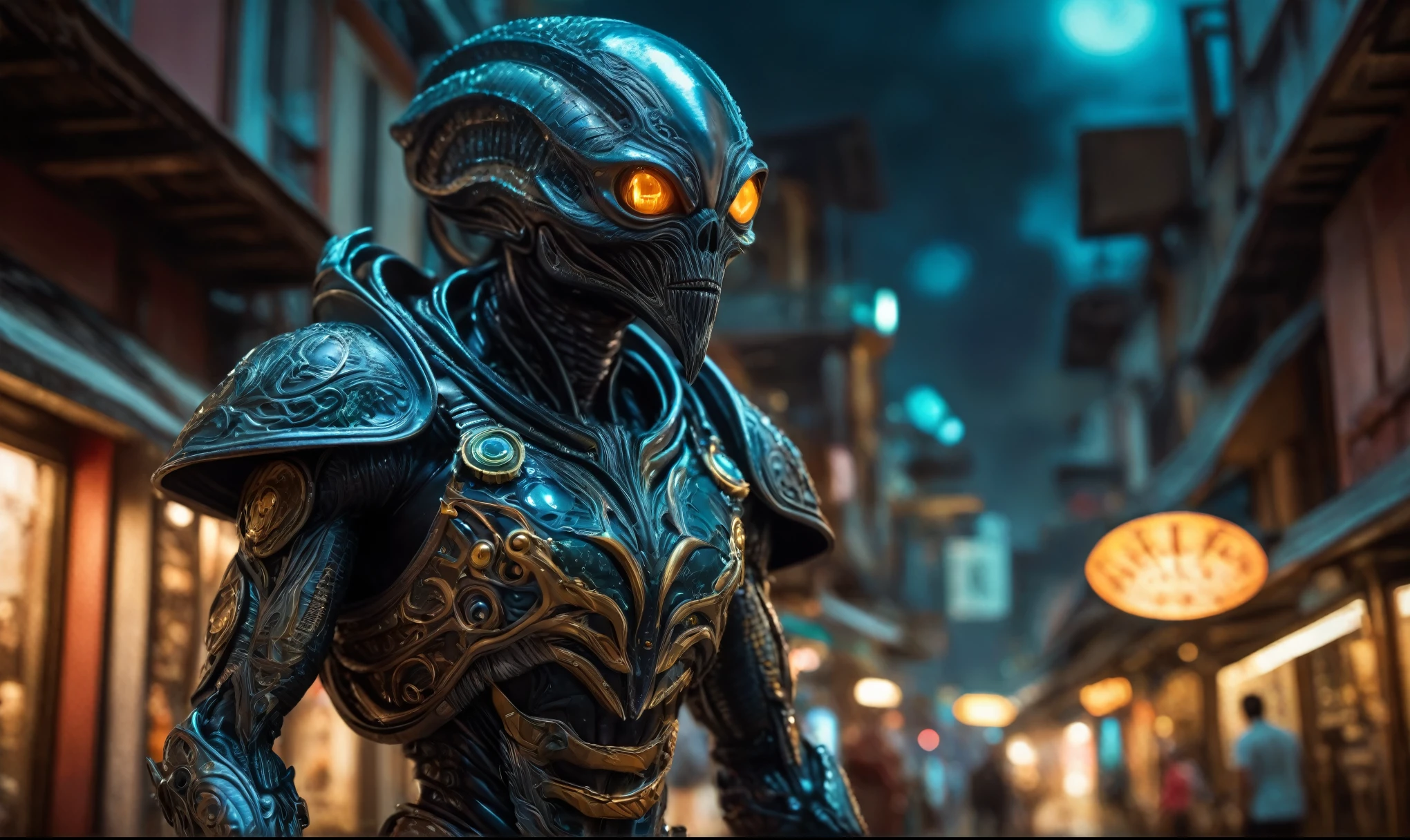 full-body-shot,niobium Manganite (The Alien Entity:Caribbean:0.5), wants eat,survival in criminal city of future,Cinematic,soft colors, Technicolor,natural skin textures, hyper realism, hyper detailed,Extremely detailed,High contrast,Masterpiece,Realistic,Ultra Detailed, intricate details,realistic humid leather,extremely intricate,Epic Realistic, cinematic style,irina yermolova,high contrast,HDR,extremely detailed, [deep night landscape],masterpiece,intricate details,faded,eyes extremely detailed, high detailed eyes,8k resolution,RAW,retina, Nikon Z9