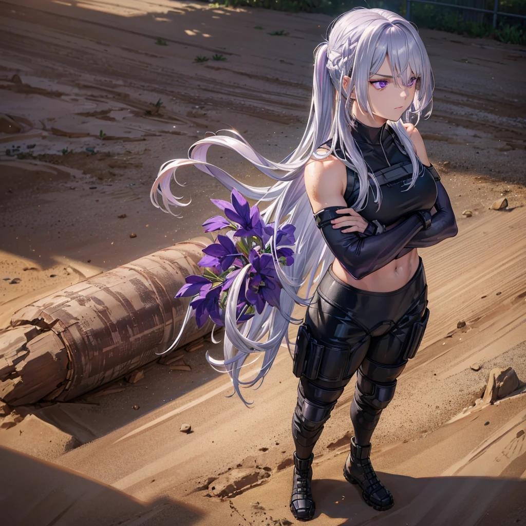 A woman with silver hair, purple eyes, wearing a black motocross uniform, on a clay and mud track, muscular, standing with her arms crossed, just a woman