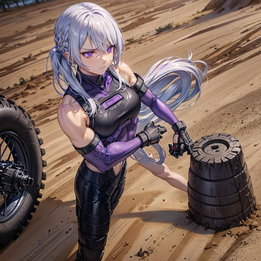 A woman with silver hair, purple eyes, wearing a black motocross uniform, on a clay and mud track, muscular, standing with her arms crossed, just a woman