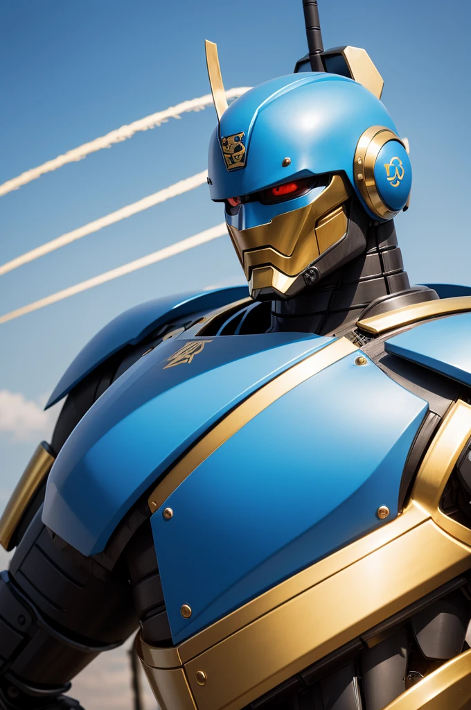 Strong robot with samurai style, sky blue with golden lines
