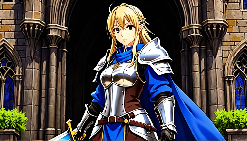 ((Anime Infinite Stratos Art)), The theme is action. It's daytime, 3pm. The setting is the interior of a large medieval castle, European style, very detailed, there is a battle of knights taking place outside the castle. The focus of the scene is a Holy Knight, Agrias from Final Fantasy Tactics, short stature, long bright blonde hair, beautiful brown eyes, wonderful, imposing face, carrying in her left hand by the handle a great legendary sword inspired by Final Fantasy, wearing armor heavy with blue robe and Lionsguard crest inspired by Final Fantasy Tactics, imposing and serious demeanor. The atmosphere is action and fantasy.