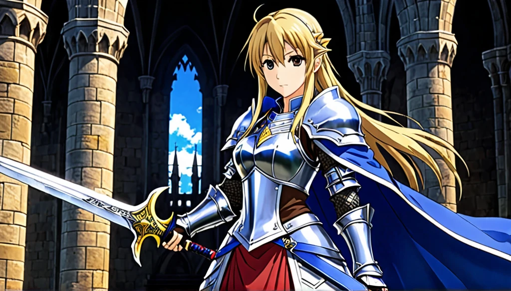 ((Anime Infinite Stratos Art)), The theme is action. It's daytime, 3pm. The setting is the interior of a large medieval castle, European style, very detailed, there is a battle of knights taking place outside the castle. The focus of the scene is a Holy Knight, Agrias from Final Fantasy Tactics, short stature, long bright blonde hair, beautiful brown eyes, wonderful, imposing face, carrying in her left hand by the handle a great legendary sword inspired by Final Fantasy, wearing armor heavy with blue robe and Lionsguard crest inspired by Final Fantasy Tactics, imposing and serious demeanor. The atmosphere is action and fantasy.