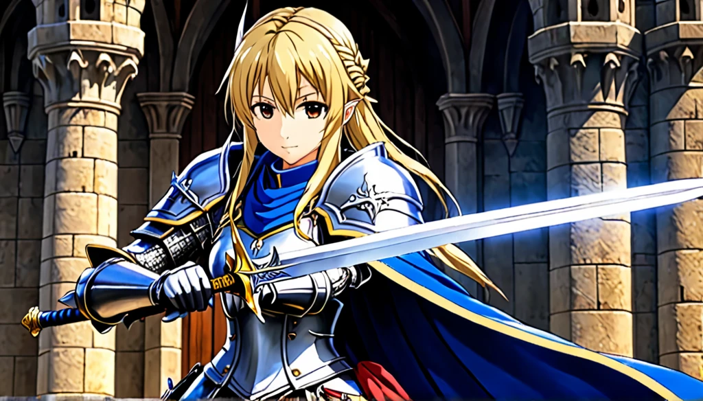 ((Anime Infinite Stratos Art)), The theme is action.  It's daytime, 3pm.  The setting is the interior of a large medieval castle, European style, very detailed, there is a battle of knights taking place outside the castle.  The focus of the scene is a Holy Knight, Agrias from Final Fantasy Tactics, short stature, long bright blonde hair, beautiful brown eyes, wonderful, imposing face, carrying in her left hand by the handle a great legendary sword inspired by Final Fantasy, wearing armor heavy with blue robe and Lionsguard crest inspired by Final Fantasy Tactics, imposing and serious demeanor.  The atmosphere is action and fantasy.