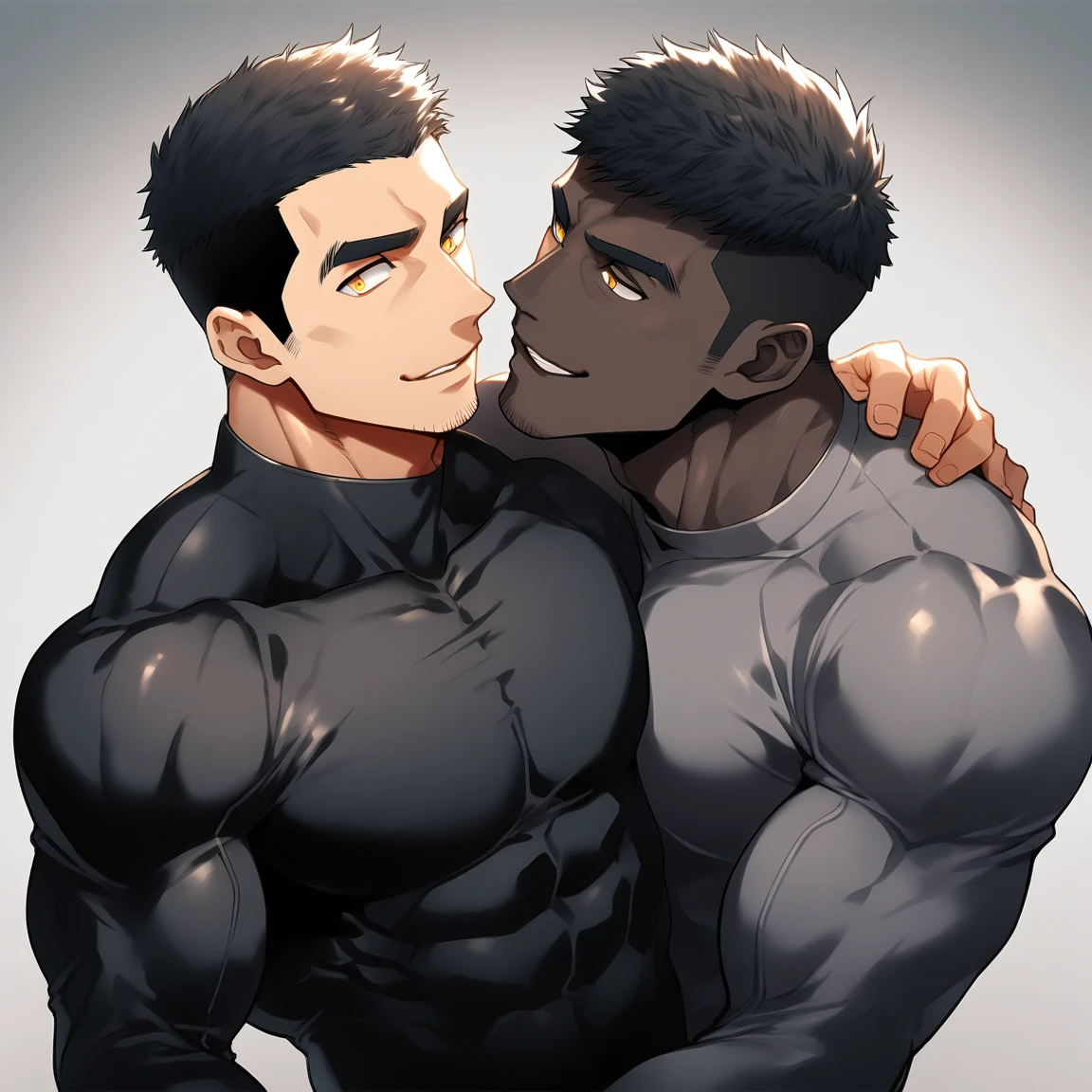 anime characters:Two superheroes in tights, Muscle superhero, negro black skin, They hugged and kissed each other, Bite your neck, Caress, Manliness, male focus, Yellow and black high collar long sleeve tight T-shirt, Slightly transparent material, Very tight, Round, full and perky chest muscles, Muscle waist, Slightly transparent, muscular male, muscular, only, Upper body, alone, Black short hair, Thick eyebrows, stubble, Yellow eyes, Grey background, simple background, amazing quality, best aesthetics, Ridiculous, bright pupils, crew cut, parted lips, seductive smile, torogao, naughty face, drop shadow, best quality